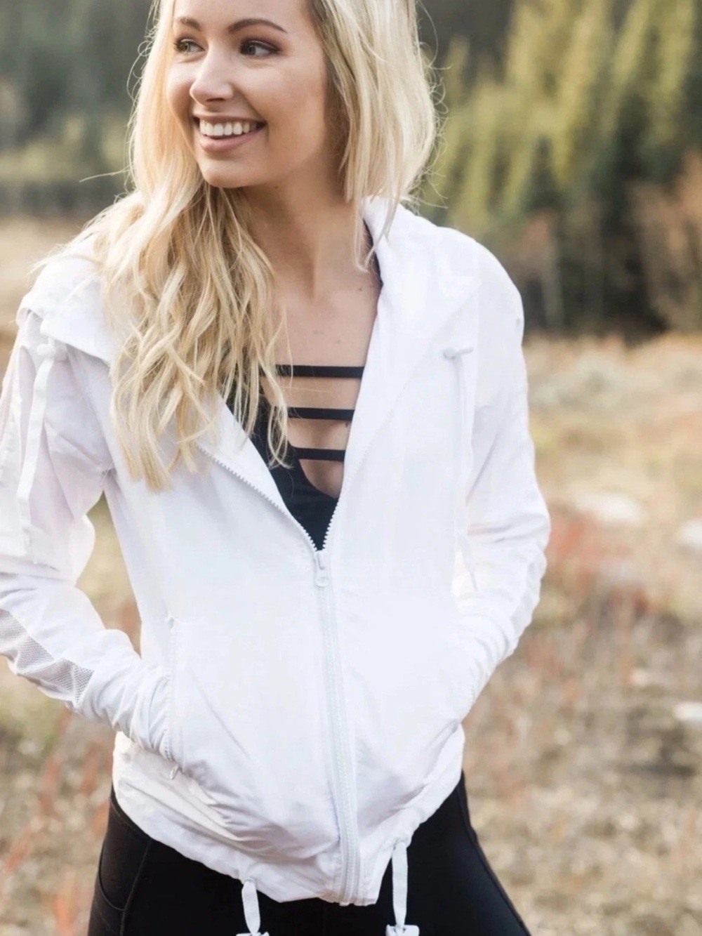 ZYIA White Lightweight Bomber Jacket with Hood. NWT.